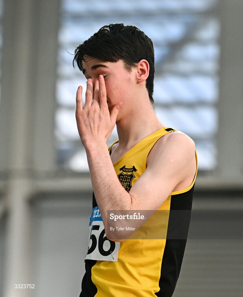 18 January 2026; Fiach Crowley of Kilkenny City Harriers A.C., Kilkenny, competes in the boys u16 shotput during day two of the 123.ie National Indoor AAI Games and Combined Events at the National Indoor Arena on the Sport Ireland Campus in Dublin.  Photo by Tyler Miller/Sportsfile