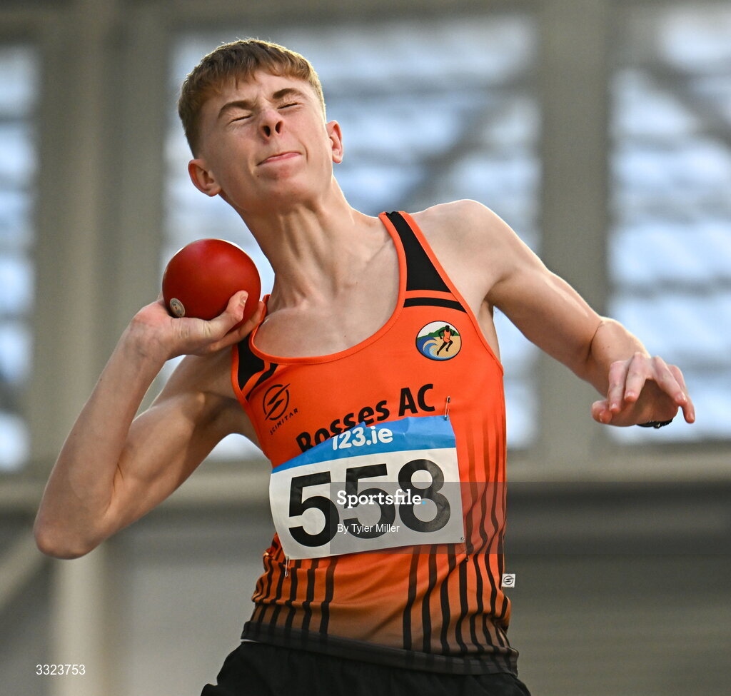 18 January 2026; Evan Ward of Rosses A.C., Donegal, competes in the boys u16 shotput during day two of the 123.ie National Indoor AAI Games and Combined Events at the National Indoor Arena on the Sport Ireland Campus in Dublin.  Photo by Tyler Miller/Sportsfile