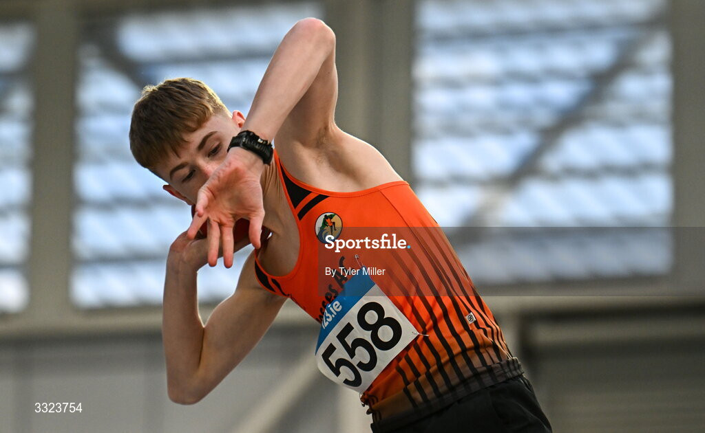 18 January 2026; Evan Ward of Rosses A.C., Donegal, competes in the boys u16 shotput during day two of the 123.ie National Indoor AAI Games and Combined Events at the National Indoor Arena on the Sport Ireland Campus in Dublin.  Photo by Tyler Miller/Sportsfile