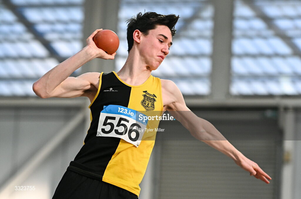 18 January 2026; Fiach Crowley of Kilkenny City Harriers A.C., Kilkenny, competes in the boys u16 shotput during day two of the 123.ie National Indoor AAI Games and Combined Events at the National Indoor Arena on the Sport Ireland Campus in Dublin.  Photo by Tyler Miller/Sportsfile