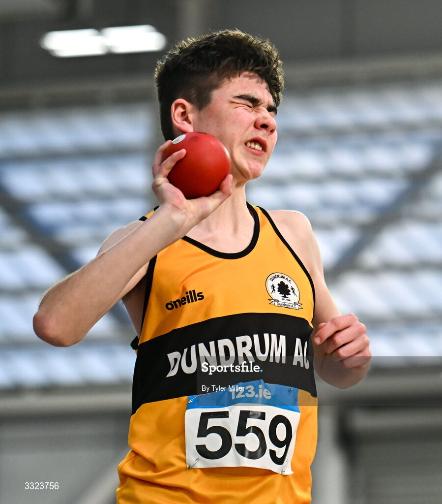 18 January 2026; Cian Fahey of Dundrum A.C., Dublin, competes in the boys u16 shotput during day two of the 123.ie National Indoor AAI Games and Combined Events at the National Indoor Arena on the Sport Ireland Campus in Dublin.  Photo by Tyler Miller/Sportsfile