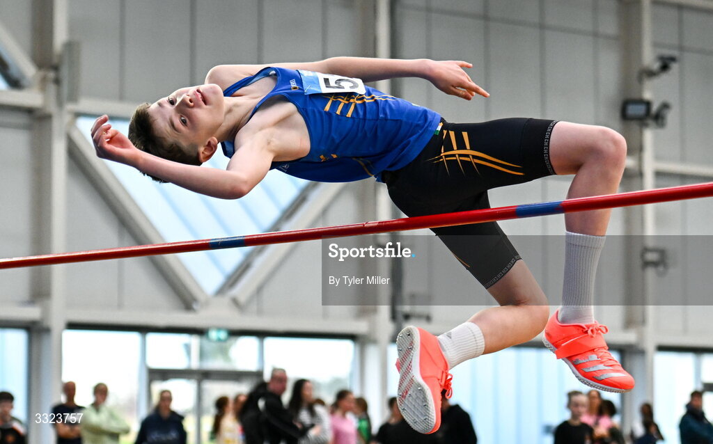 18 January 2026; Andrew Fitzpatrick of Longford A.C., Longford, competes in the boys u14 high jump during day two of the 123.ie National Indoor AAI Games and Combined Events at the National Indoor Arena on the Sport Ireland Campus in Dublin.  Photo by Tyler Miller/Sportsfile