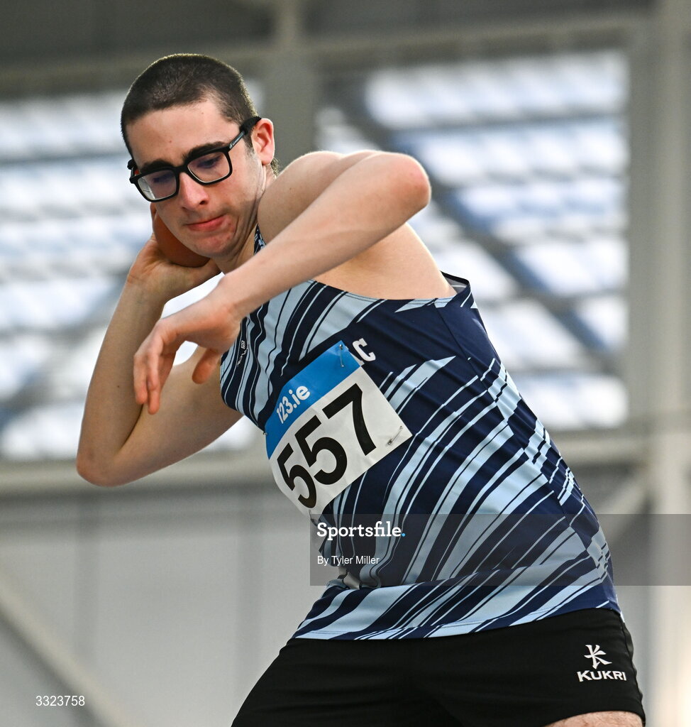 18 January 2026; Elia Boeri of Lagan Valley A.C., Antrim, competes in the boys u16 shotput during day two of the 123.ie National Indoor AAI Games and Combined Events at the National Indoor Arena on the Sport Ireland Campus in Dublin.  Photo by Tyler Miller/Sportsfile