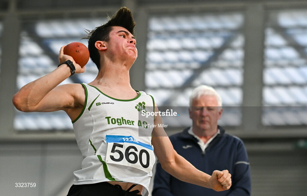 18 January 2026; Tommy Murphy of Togher A.C., Cork, competes in the boys u16 shotput during day two of the 123.ie National Indoor AAI Games and Combined Events at the National Indoor Arena on the Sport Ireland Campus in Dublin.  Photo by Tyler Miller/Sportsfile