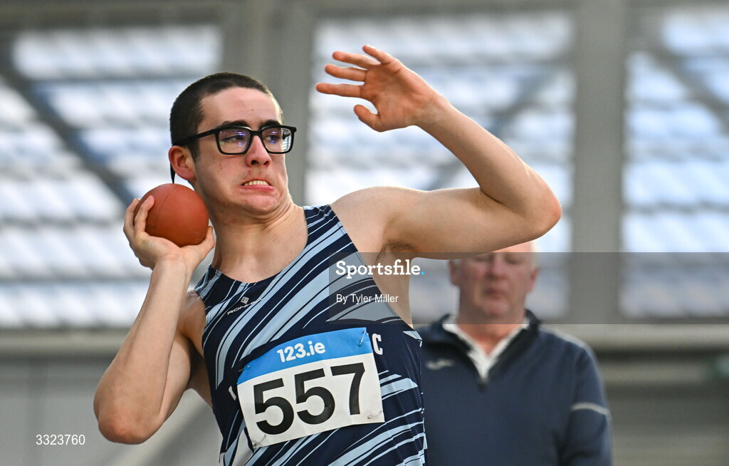 18 January 2026; Elia Boeri of Lagan Valley A.C., Antrim, competes in the boys u16 shotput during day two of the 123.ie National Indoor AAI Games and Combined Events at the National Indoor Arena on the Sport Ireland Campus in Dublin.  Photo by Tyler Miller/Sportsfile