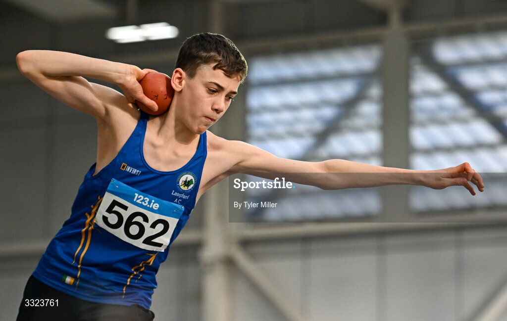 18 January 2026; John Fitzpatrick of Longford A.C., Longford, competes in the boys u16 shotput during day two of the 123.ie National Indoor AAI Games and Combined Events at the National Indoor Arena on the Sport Ireland Campus in Dublin.  Photo by Tyler Miller/Sportsfile