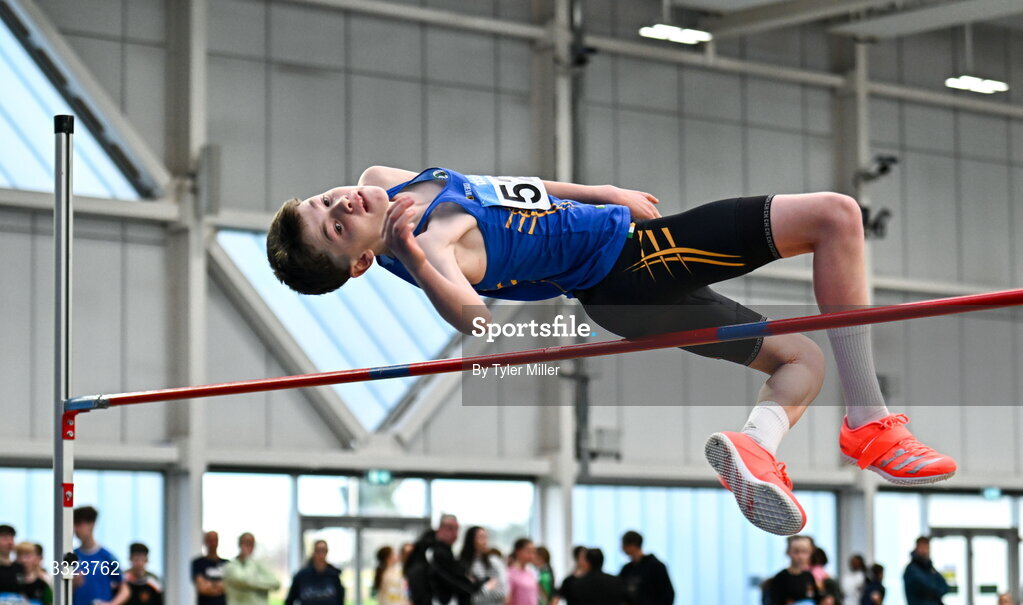 18 January 2026; Andrew Fitzpatrick of Longford A.C., Longford, competes in the boys u14 high jump during day two of the 123.ie National Indoor AAI Games and Combined Events at the National Indoor Arena on the Sport Ireland Campus in Dublin.  Photo by Tyler Miller/Sportsfile