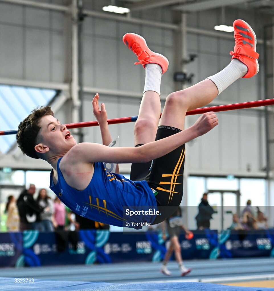 18 January 2026; Andrew Fitzpatrick of Longford A.C., Longford, competes in the boys u14 high jump during day two of the 123.ie National Indoor AAI Games and Combined Events at the National Indoor Arena on the Sport Ireland Campus in Dublin.  Photo by Tyler Miller/Sportsfile