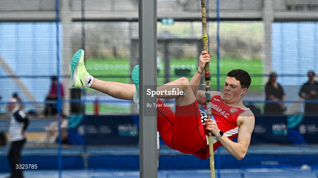 18 January 2026; James Kelsey of Gowran A.C., Kilkenny, competes in the mens u20 pole vault during day two of the 123.ie National Indoor AAI Games and Combined Events at the National Indoor Arena on the Sport Ireland Campus in Dublin.  Photo by Tyler Miller/Sportsfile