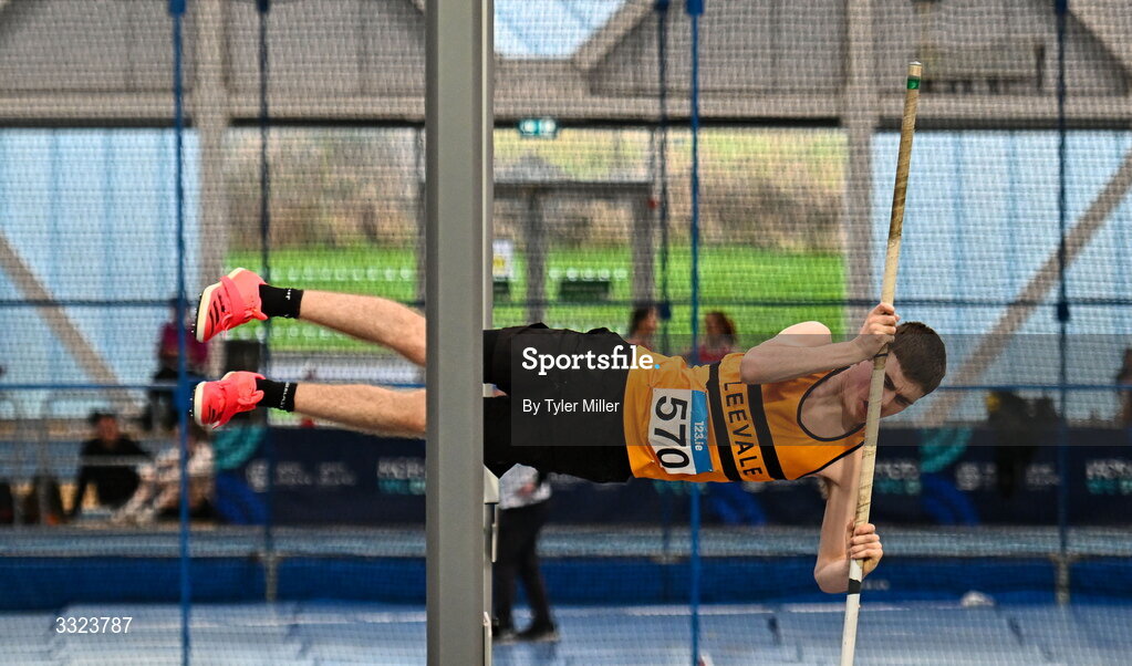 18 January 2026; Diarmuid Bannon of Leevale A.C., Cork, competes in the mens u20 pole vault during day two of the 123.ie National Indoor AAI Games and Combined Events at the National Indoor Arena on the Sport Ireland Campus in Dublin.  Photo by Tyler Miller/Sportsfile