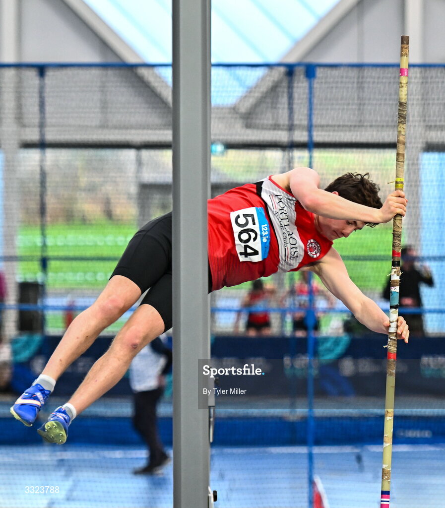 18 January 2026; Daniel Downey of Portlaoise A.C., Laois, competes in the mens youth pole vault during day two of the 123.ie National Indoor AAI Games and Combined Events at the National Indoor Arena on the Sport Ireland Campus in Dublin.  Photo by Tyler Miller/Sportsfile