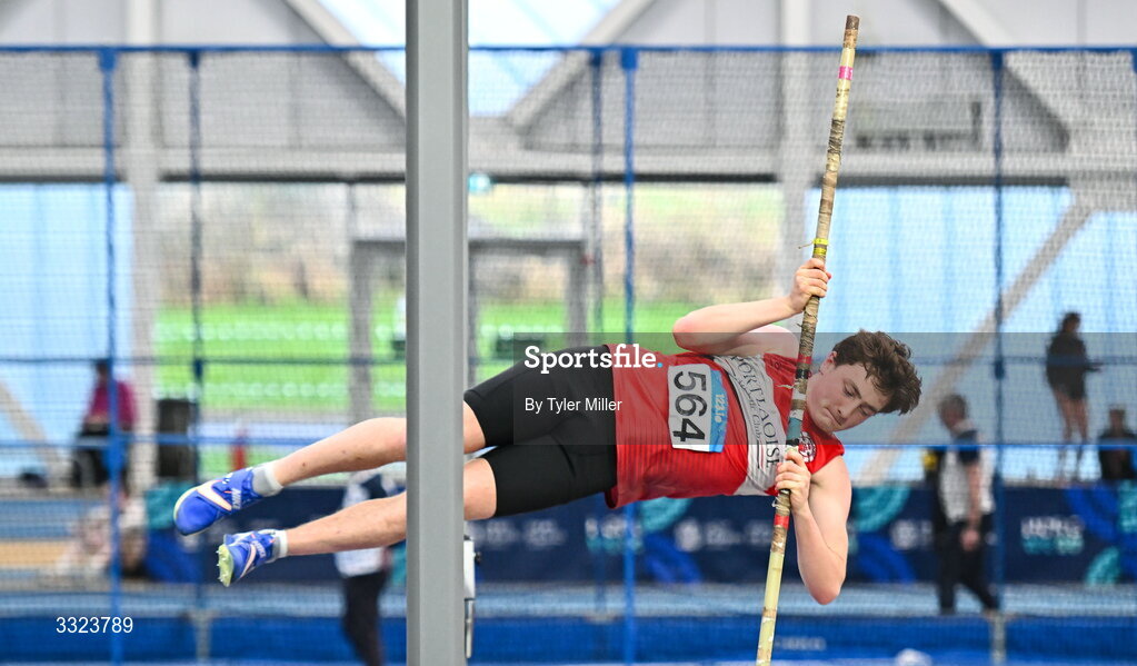 18 January 2026; Daniel Downey of Portlaoise A.C., Laois, competes in the mens youth pole vault during day two of the 123.ie National Indoor AAI Games and Combined Events at the National Indoor Arena on the Sport Ireland Campus in Dublin.  Photo by Tyler Miller/Sportsfile