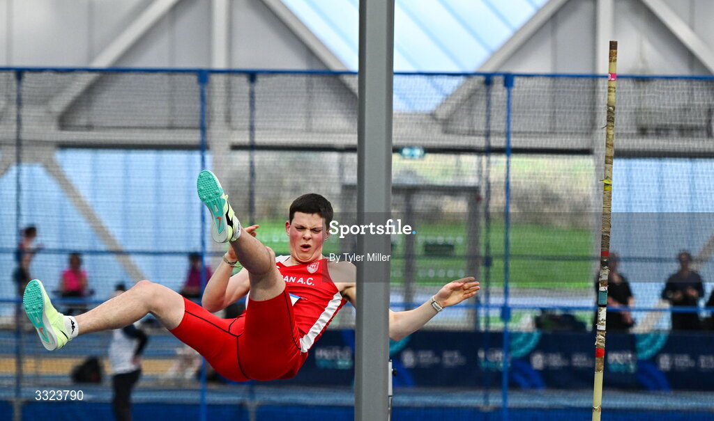 18 January 2026; James Kelsey of Gowran A.C., Kilkenny, competes in the mens u20 pole vault during day two of the 123.ie National Indoor AAI Games and Combined Events at the National Indoor Arena on the Sport Ireland Campus in Dublin.  Photo by Tyler Miller/Sportsfile
