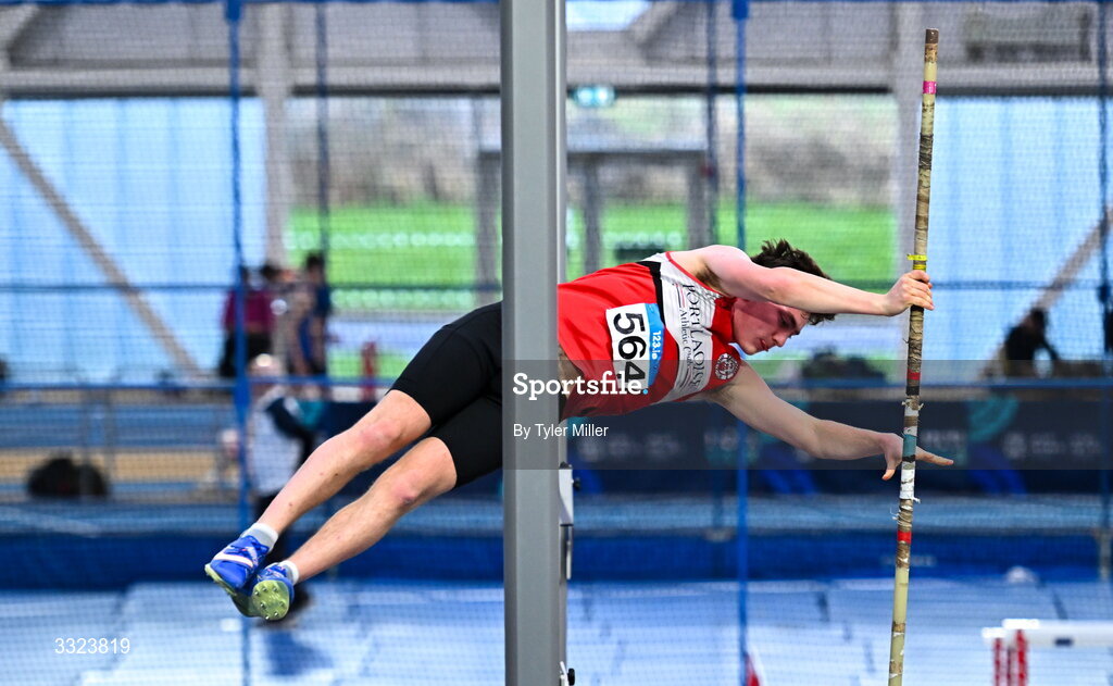 18 January 2026; Daniel Downey of Portlaoise A.C., Laois, competes in the mens youth pole vault during day two of the 123.ie National Indoor AAI Games and Combined Events at the National Indoor Arena on the Sport Ireland Campus in Dublin.  Photo by Tyler Miller/Sportsfile
