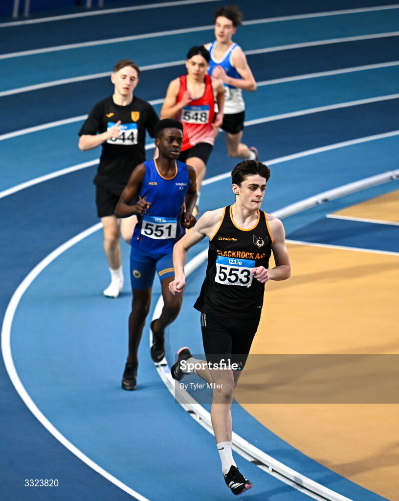 18 January 2026; Joshua Hunt of Blackrock A.C., Dublin, leads the field in the boys u15 800m during day two of the 123.ie National Indoor AAI Games and Combined Events at the National Indoor Arena on the Sport Ireland Campus in Dublin.  Photo by Tyler Miller/Sportsfile