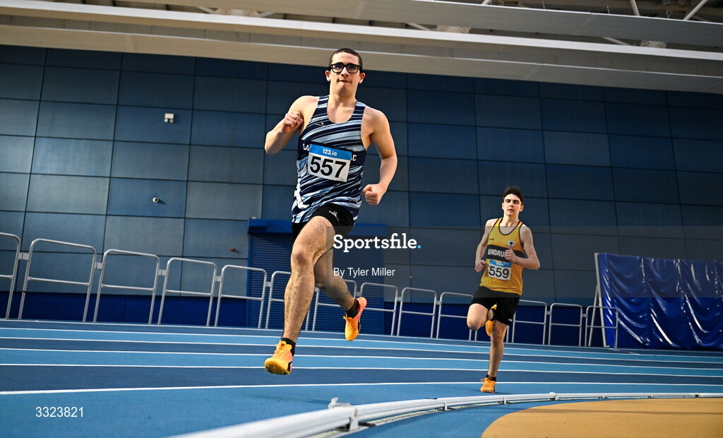 18 January 2026; Elia Boeri of Lagan Valley A.C., Antrim, competes in the boys u16 800m during day two of the 123.ie National Indoor AAI Games and Combined Events at the National Indoor Arena on the Sport Ireland Campus in Dublin.  Photo by Tyler Miller/Sportsfile