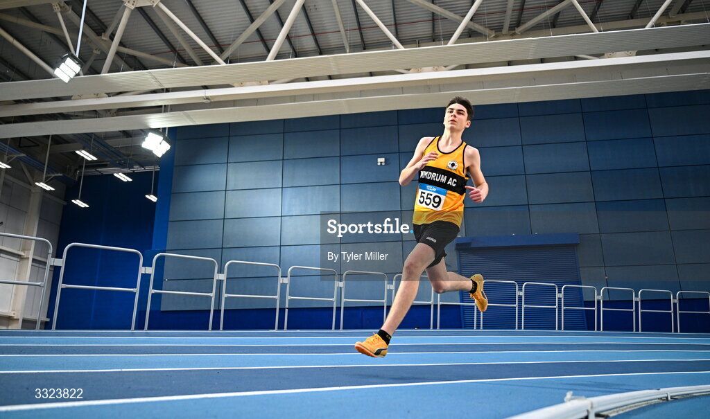 18 January 2026; Cian Fahey of Dundrum A.C. Dublin, competes in the boys u16 800m during day two of the 123.ie National Indoor AAI Games and Combined Events at the National Indoor Arena on the Sport Ireland Campus in Dublin.  Photo by Tyler Miller/Sportsfile