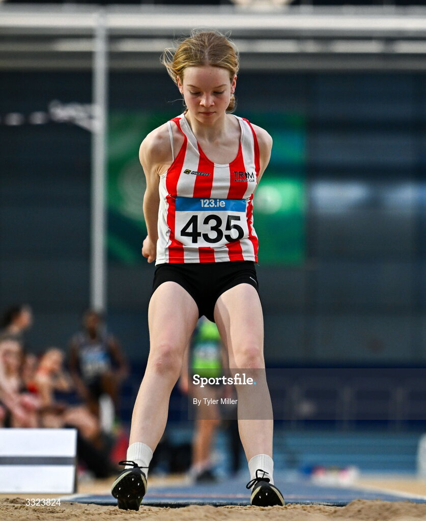 18 January 2026; Zoe Murphy of Trim A.C., Meath, competes in the girls u15 long jump during day two of the 123.ie National Indoor AAI Games and Combined Events at the National Indoor Arena on the Sport Ireland Campus in Dublin.  Photo by Tyler Miller/Sportsfile