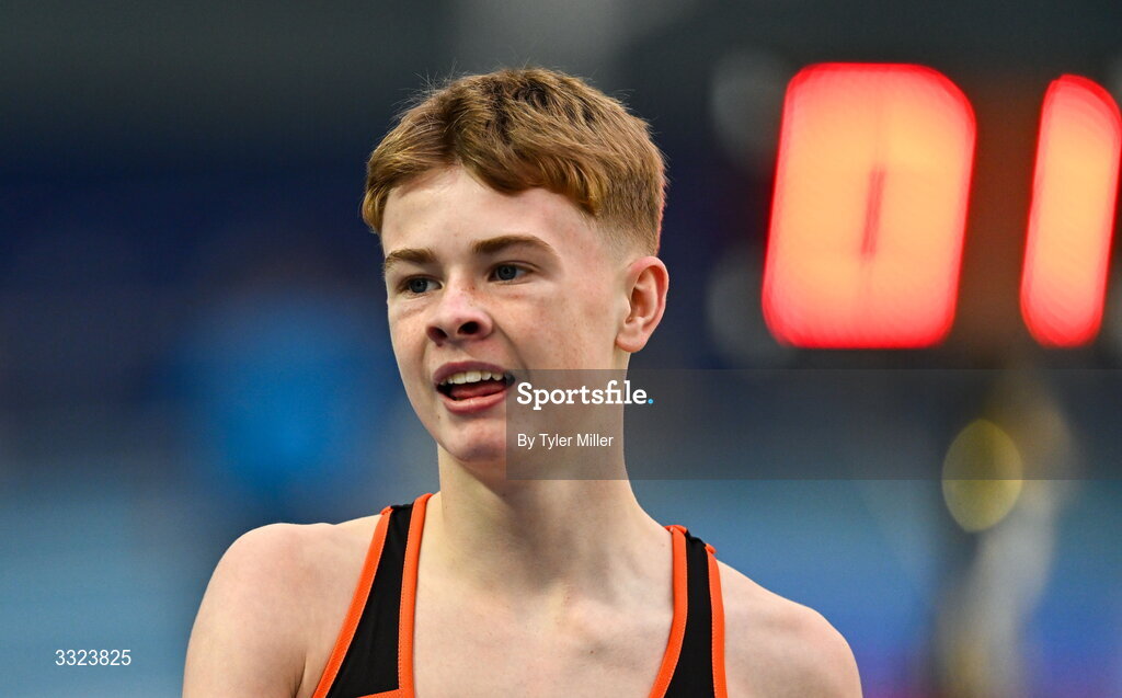 18 January 2026; Evan Ward of Rosses A.C., Donegal, after competing in the boys u16 800m during day two of the 123.ie National Indoor AAI Games and Combined Events at the National Indoor Arena on the Sport Ireland Campus in Dublin.  Photo by Tyler Miller/Sportsfile
