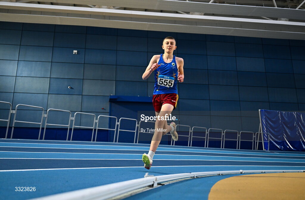 18 January 2026; Sam Davis of Longford A.C., Longford competes in the boys u16 800m during day two of the 123.ie National Indoor AAI Games and Combined Events at the National Indoor Arena on the Sport Ireland Campus in Dublin.  Photo by Tyler Miller/Sportsfile