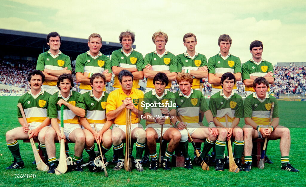 5 August 1984; Offaly team, back row, from left, Pat Fleury, Joachim Kelly, Eugene Coughlan, Pat Delaney, Joe Dooley, Liam Carroll and Aidan Fogarty, with, front row, from left, Brendan Keeghan, Mark Corrigan, Brendan Birminhgam, Damien Martin, Tom Conneely, Pat Carroll, Declan Fogarty and Padraigh Horan ahead of the All-Ireland Senior Hurling Championship Semi-Final match between Galway and Offaly at Semple Stadium in Thurles, Tipperary. Photo by Ray McManus/Sportsfile