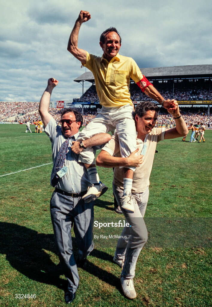 6 August 1989; Antrim manager Jim Nelson held aloft after his side's victory in the All-Ireland Senior Hurling Championship Semi-Final match between Antrim and Offaly in at Croke Park in Dublin. Photo by Ray McManus/Sportsfile