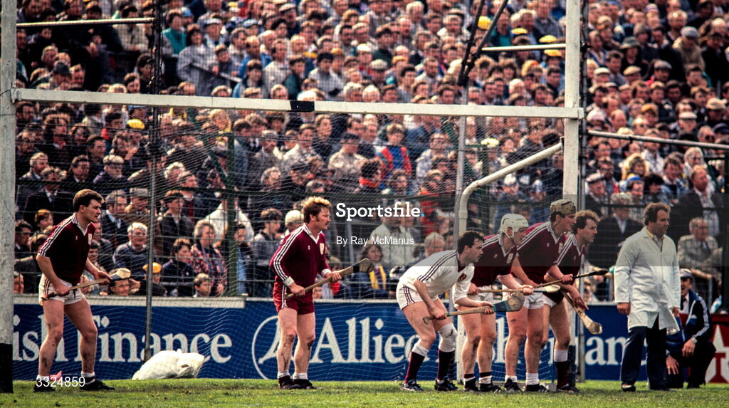 16 April 1989; Galway players guard the goal during the Royal Liver National Hurling League Semi-Final match between Galway and Dublin at Croke Park in Dublin. Photo by Ray McManus/Sportsfile