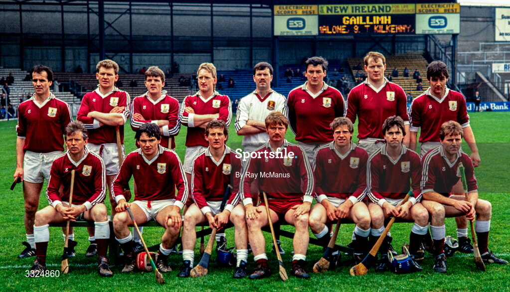 16 April 1989; Galway team, back, from left, Brendan Lynskey, Peter Finnerty, Martin Naughton, Tony Keady, John Commins, Conor Hayes, Sean Treacy and Pat Malone, with, front, from left, Tony Kilkenny, Michael McGrath, Gerry Burke, Sylvie Linnane, Joe Cooney, Eanna Ryan and Ollie Kilkenny before the Royal Liver National Hurling League Semi-Final match between Galway and Dublin at Croke Park in Dublin. Photo by Ray McManus/Sportsfile
