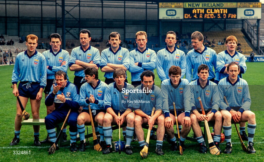16 April 1989; Dublin team, back, from left, Shane Dalton, Kieran Heterton, Vincent Conroy, Jim Lyng, Eamonn Clancy, John Twomey, Vincent Holden and Derek Finn, with, front, from left, Joe Cunningham, Sean McDermott, Shay Fleming, M. J. Ryan, Joey Morris, Brian McMahon and Richie Reid before the Royal Liver National Hurling League Semi-Final match between Galway and Dublin at Croke Park in Dublin. Photo by Ray McManus/Sportsfile