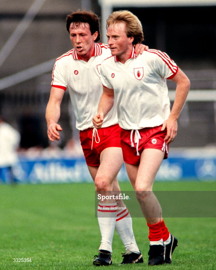 17 August 1986; Tyrone players, Euegene McKenna, left, and Sean McNally during the All-Ireland Senior Football Championship Semi-Final match between Tyrone and Galway at Croke Park in Dublin. Photo by Ray McManus/Sportsfile