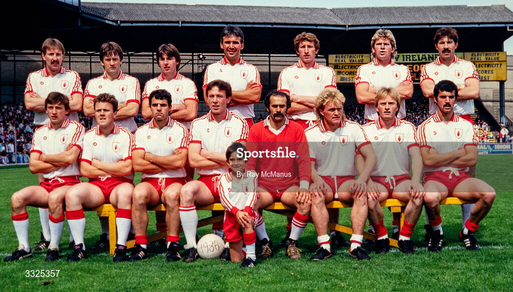 17 August 1986; Tyrone team, back, from left, Damien O'Hagan, Sean Donnelly, Stephen Rice, Rick McGarvey, Harry McClure, Plunkett Donaghy and Kevin McCabe, with, front, from left, Michael McClure, Noel McGinn, Joe Mallon, Eugene McKenna, Aidan Skelton, John Lynch, sean McNally and Michael Mallon before the All-Ireland Senior Football Championship Semi-Final match between Tyrone and Galway at Croke Park in Dublin. Photo by Ray McManus/Sportsfile