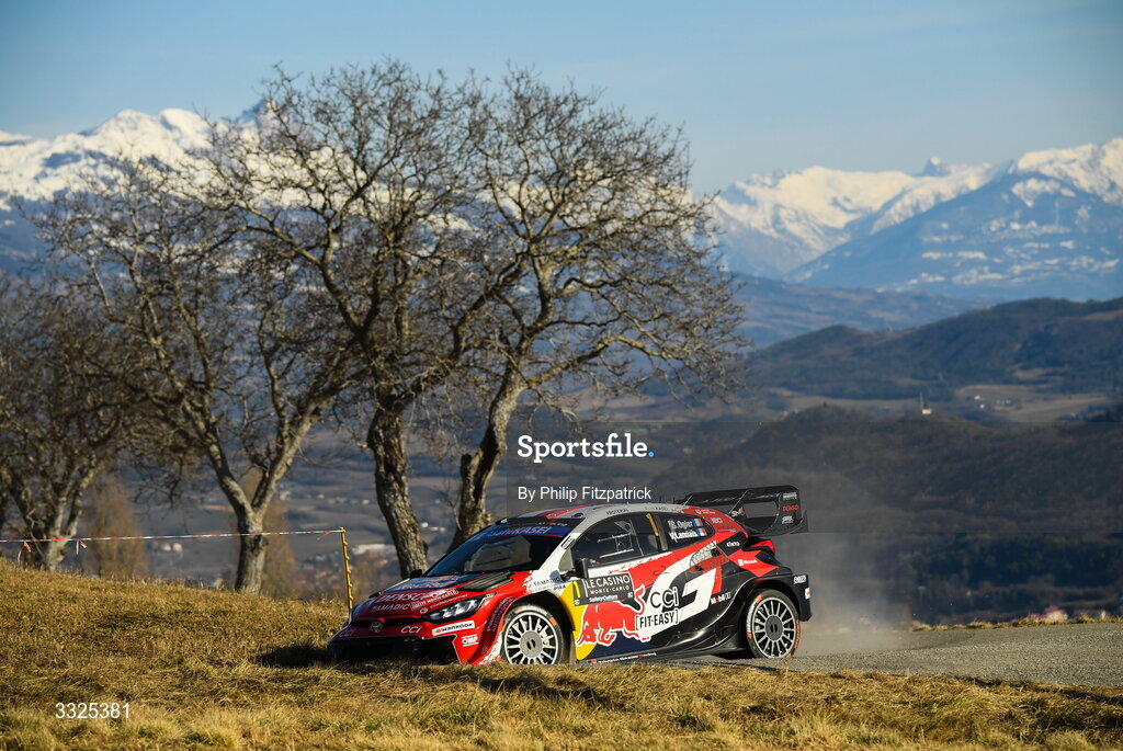 21 January 2026; Sébastien Ogier and Vincent Landias compete in their Toyota GR Yaris Rally1 during day one of the FIA World Rally Championship Round One in Monte Carlo, France. Photo by Philip Fitzpatrick/Sportsfile