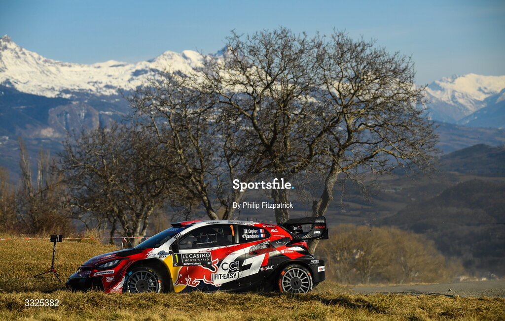 21 January 2026; Sébastien Ogier and Vincent Landias compete in their Toyota GR Yaris Rally1 during day one of the FIA World Rally Championship Round One in Monte Carlo, France. Photo by Philip Fitzpatrick/Sportsfile