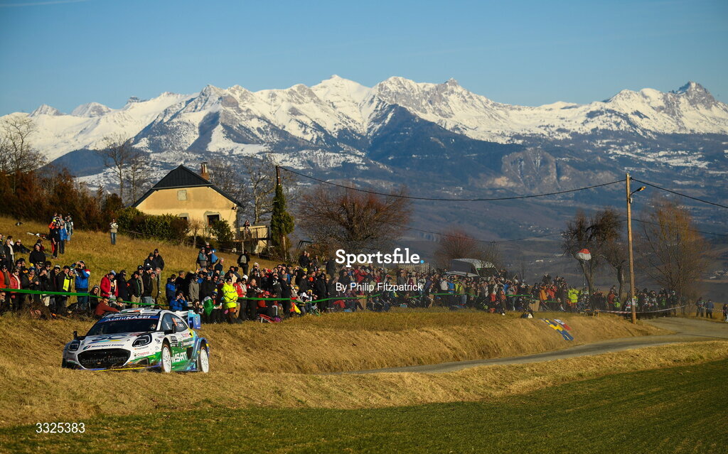 21 January 2026; Joshua McErlean and Eoin Treacy of Ireland compete in their Ford Puma Rally1 during day one of the FIA World Rally Championship Round One in Monte Carlo, France. Photo by Philip Fitzpatrick/Sportsfile