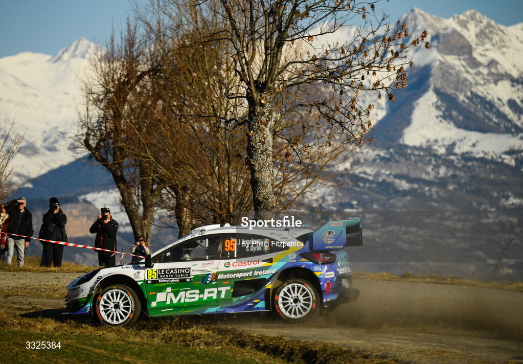 21 January 2026; Jon Armstrong and Shane Byrne of Ireland compete in their Ford Puma Rally1 during day one of the FIA World Rally Championship Round One in Monte Carlo, France. Photo by Philip Fitzpatrick/Sportsfile