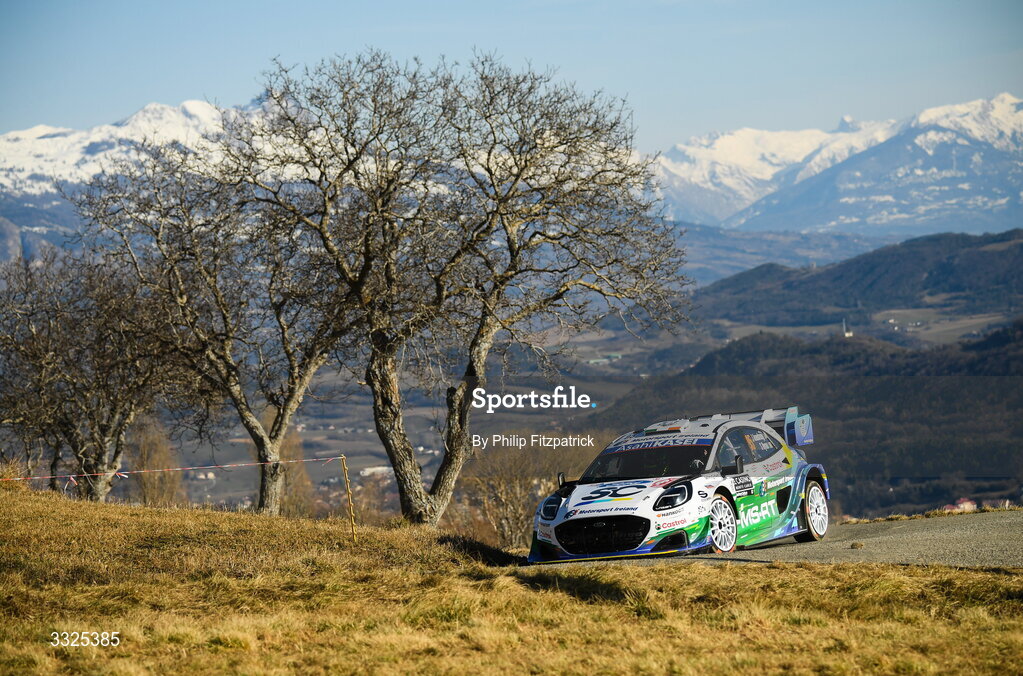 21 January 2026; Jon Armstrong and Shane Byrne of Ireland compete in their Ford Puma Rally1 during day one of the FIA World Rally Championship Round One in Monte Carlo, France. Photo by Philip Fitzpatrick/Sportsfile