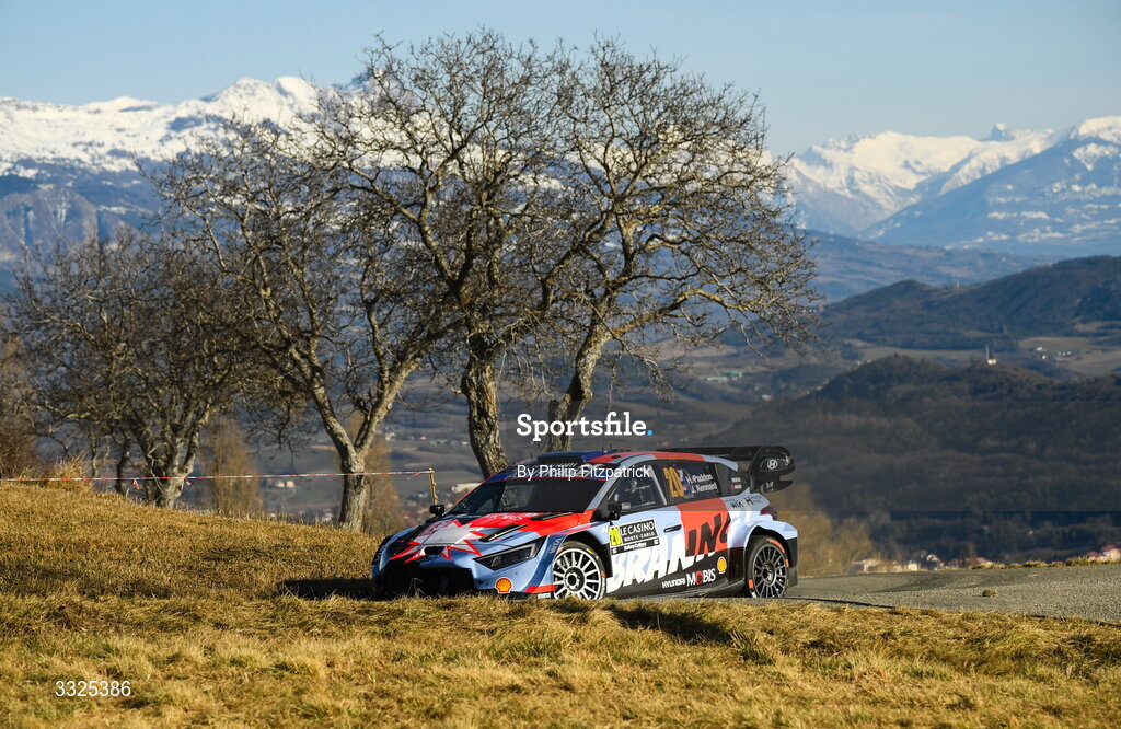 21 January 2026; Hayden Paddon and John Kennard compete in their Hyundai i20 N Rally1 during day one of the FIA World Rally Championship Round One in Monte Carlo, France. Photo by Philip Fitzpatrick/Sportsfile