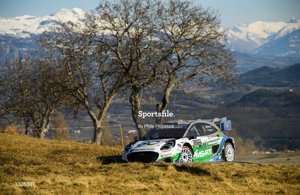 21 January 2026; Joshua McErlean and Eoin Treacy of Ireland compete in their Ford Puma Rally1 during day one of the FIA World Rally Championship Round One in Monte Carlo, France. Photo by Philip Fitzpatrick/Sportsfile