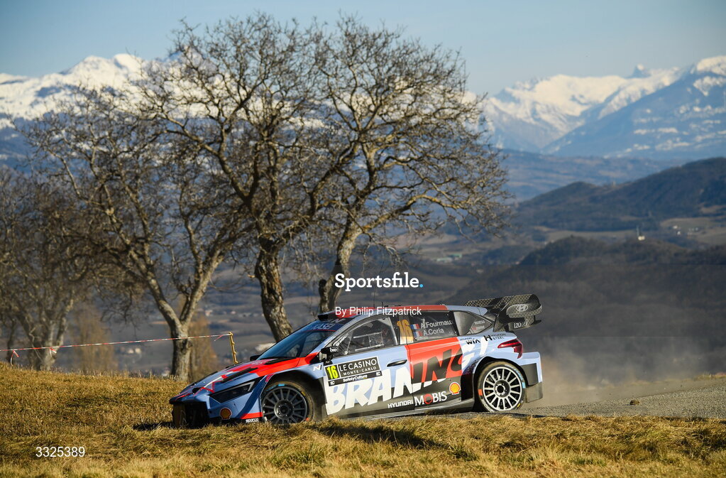 21 January 2026; Adrien FourMaux and Alexandre Coria compete in their Hyundai i20 N Rally1 during day one of the FIA World Rally Championship Round One in Monte Carlo, France. Photo by Philip Fitzpatrick/Sportsfile