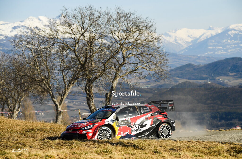 21 January 2026; Sébastien Ogier and Vincent Landias compete in their Toyota GR Yaris Rally1 during day one of the FIA World Rally Championship Round One in Monte Carlo, France. Photo by Philip Fitzpatrick/Sportsfile