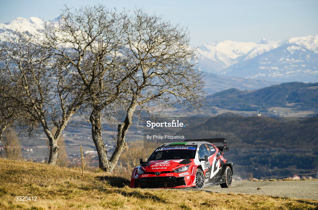21 January 2026; Elfyn Evans and Scott Martin compete in their Toyota GR Yaris Rally1 during day one of the FIA World Rally Championship Round One in Monte Carlo, France. Photo by Philip Fitzpatrick/Sportsfile