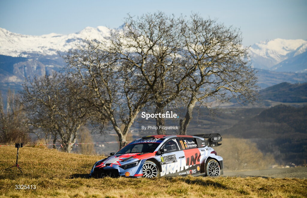 21 January 2026; Thierry Neuville and Martijn Wydaeghe compete in their Hyundai i20 N Rally1 during day one of the FIA World Rally Championship Round One in Monte Carlo, France. Photo by Philip Fitzpatrick/Sportsfile