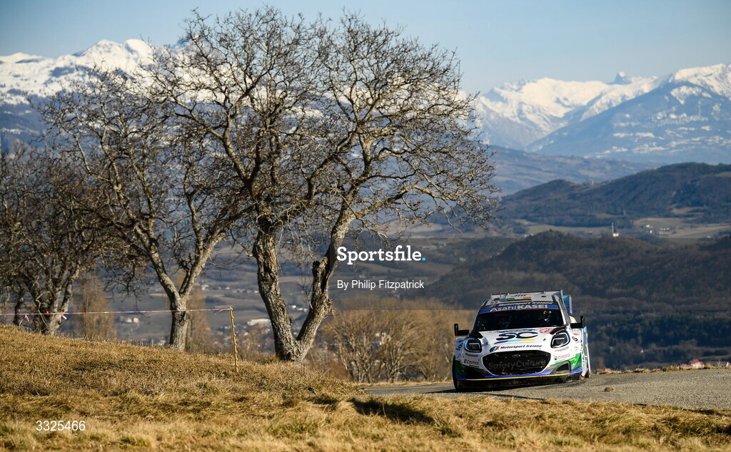21 January 2026; Joshua McErlean and Eoin Treacy of Ireland compete in their Ford Puma Rally1 during day one of the FIA World Rally Championship Round One in Monte Carlo, France. Photo by Philip Fitzpatrick/Sportsfile