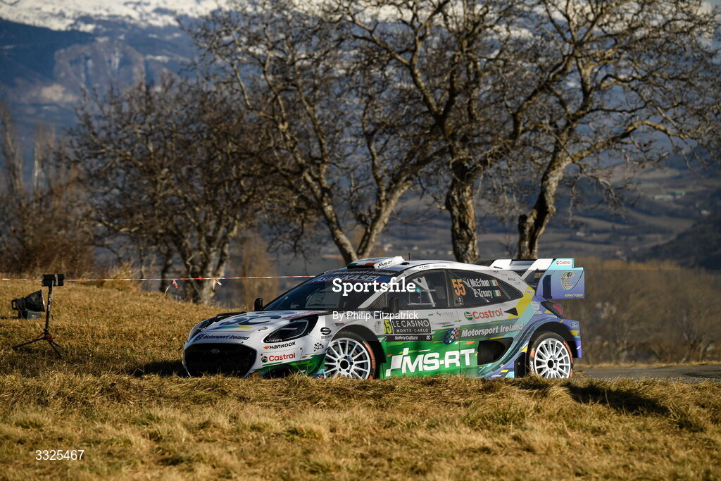 21 January 2026; Joshua McErlean and Eoin Treacy of Ireland compete in their Ford Puma Rally1 during day one of the FIA World Rally Championship Round One in Monte Carlo, France. Photo by Philip Fitzpatrick/Sportsfile