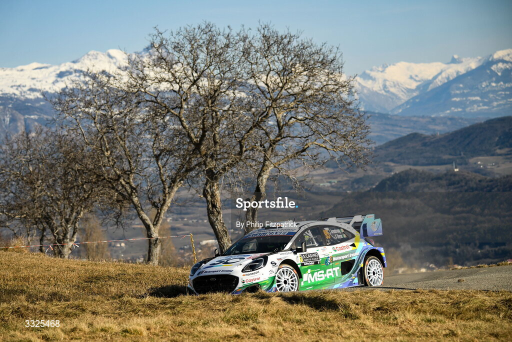 21 January 2026; Jon Armstrong and Shane Byrne of Ireland compete in their Ford Puma Rally1 during day one of the FIA World Rally Championship Round One in Monte Carlo, France. Photo by Philip Fitzpatrick/Sportsfile