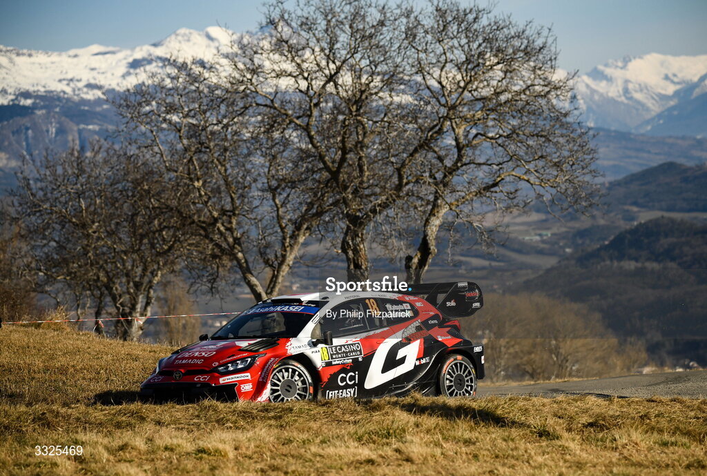 21 January 2026; Takamoto Katsuta of Japan and Aaron Johnston of Ireland compete in their Toyota GR Yaris Rally1 during day one of the FIA World Rally Championship Round One in Monte Carlo, France. Photo by Philip Fitzpatrick/Sportsfile