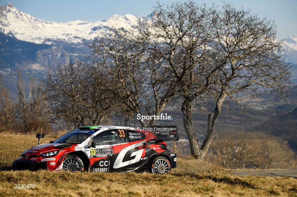 21 January 2026; Elfyn Evans and Scott Martin of Great Britain compete in their Toyota GR Yaris Rally1 during day one of the FIA World Rally Championship Round One in Monte Carlo, France. Photo by Philip Fitzpatrick/Sportsfile