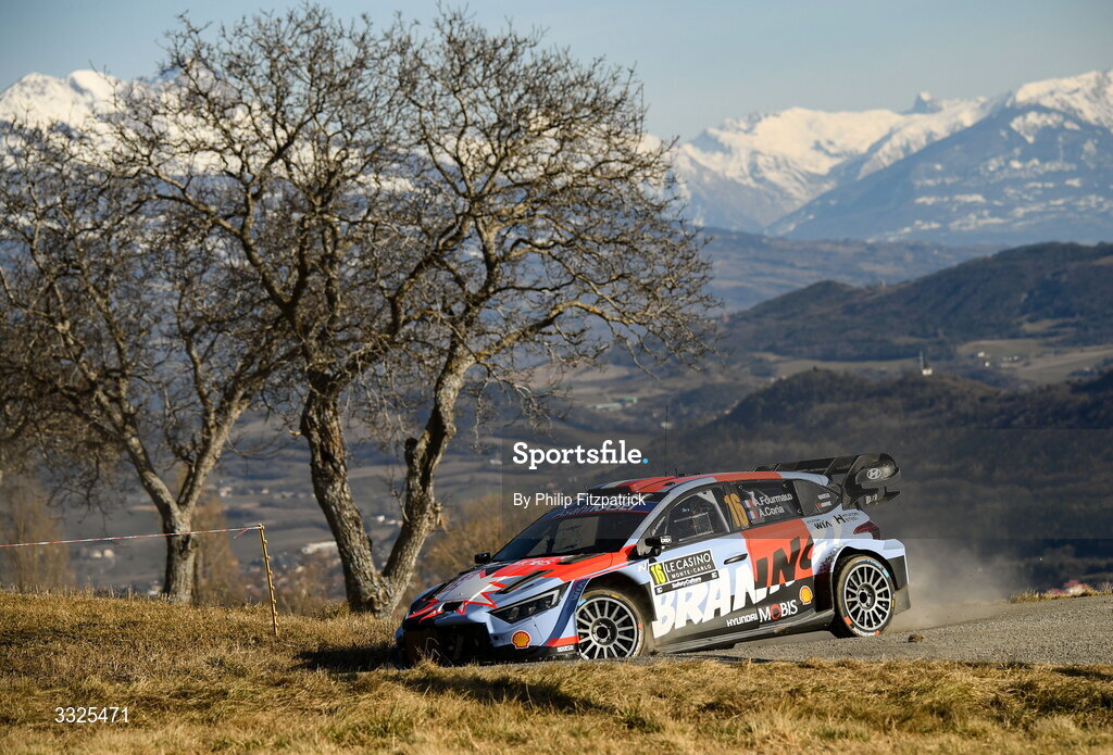 21 January 2026; Adrien FourMaux and Alexandre Coria of France compete in their Hyundai i20 N Rally1 during day one of the FIA World Rally Championship Round One in Monte Carlo, France. Photo by Philip Fitzpatrick/Sportsfile