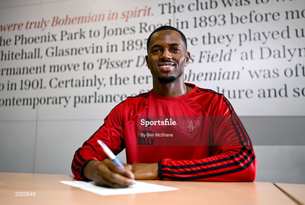22 January 2026; Bohemians new signing Sadou Diallo poses for a portrait during his unveiling at Dalymount Park in Dublin. Photo by Ben McShane/Sportsfile