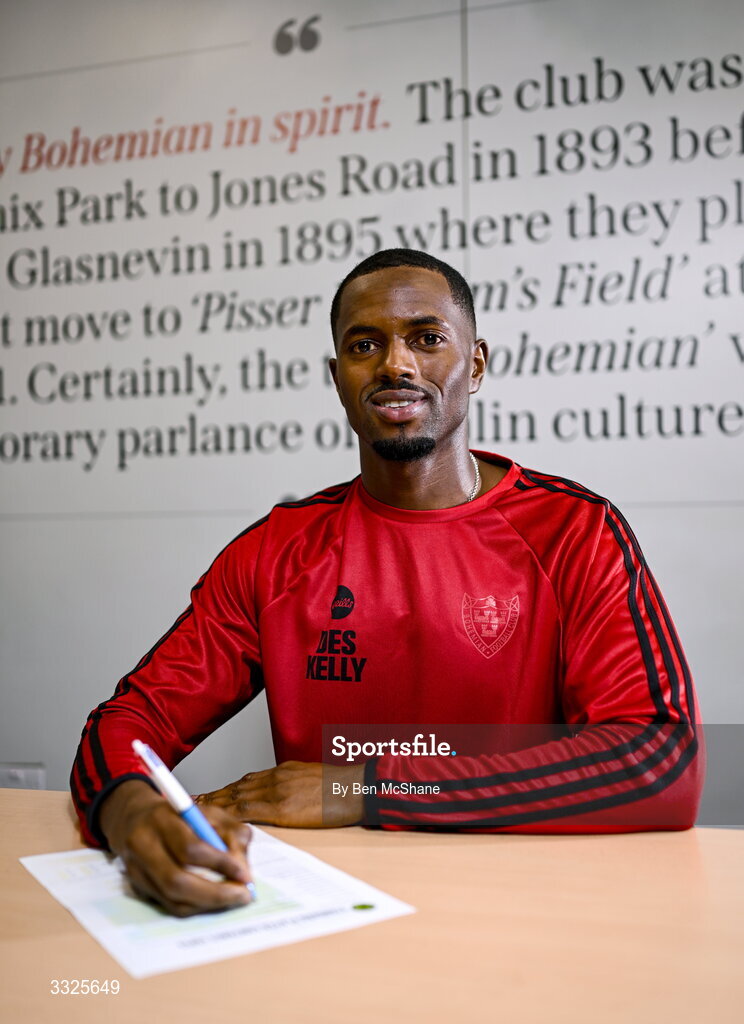 22 January 2026; Bohemians new signing Sadou Diallo poses for a portrait during his unveiling at Dalymount Park in Dublin. Photo by Ben McShane/Sportsfile